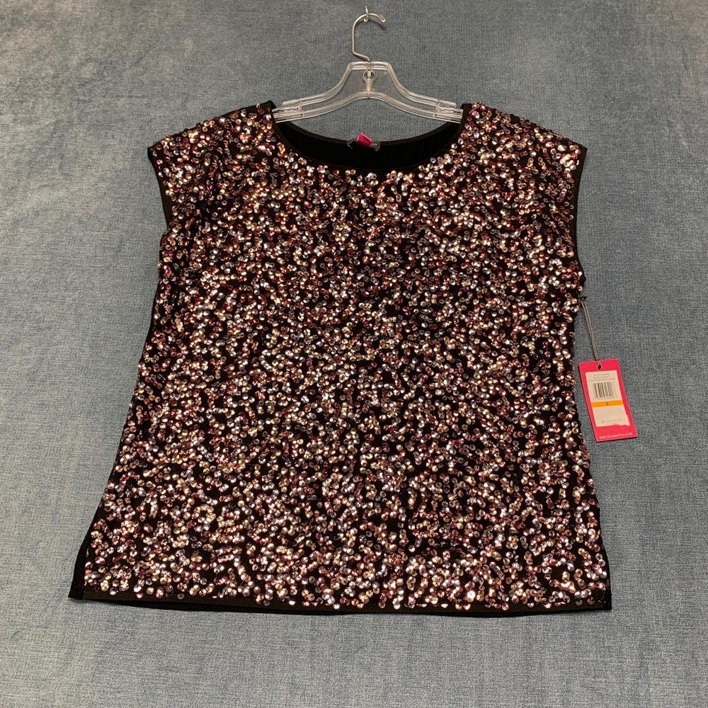 Vince Camuto Blouse Womens Small Black Sequin Back Zip Round Neck Cap Sleeve